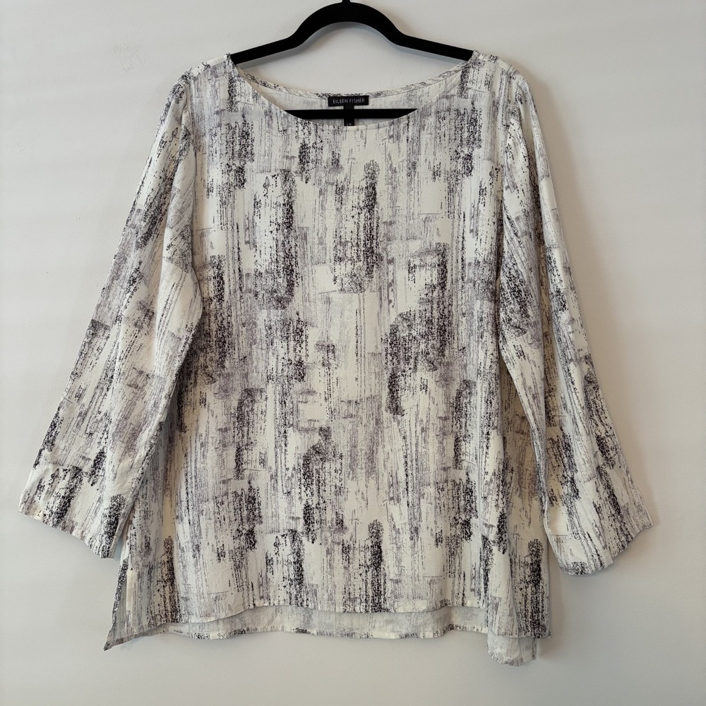Eileen Fisher Abstract Printed Long Sleeve Tunic Top Sz‎ L Artsy Boho Minimalist